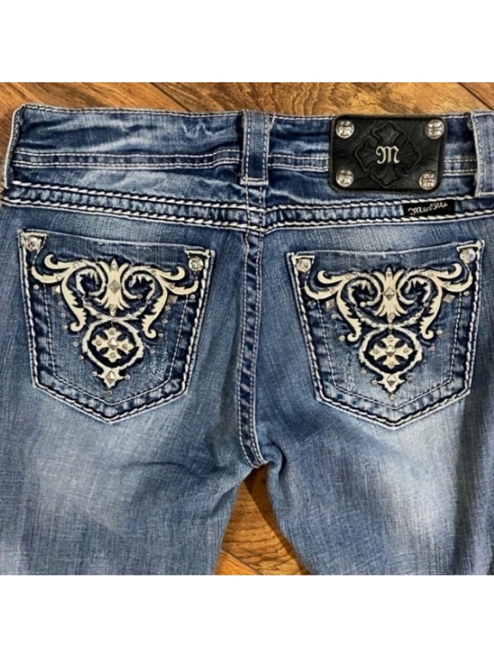 Gorgeous Miss Me Straight Jeans With Embellished Back Pockets 34” Inseam